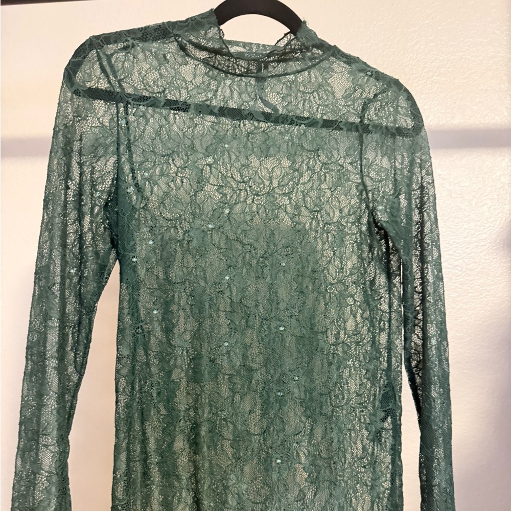 Anthropologie Green Lace Long-Sleeve Sheer Top